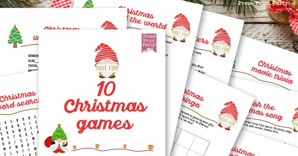 Christmas party games - free christmas games printable for adults, families, friends, co-worker for office. Press Print Party! word search, emoji pictionary, christmas trivia, songs.