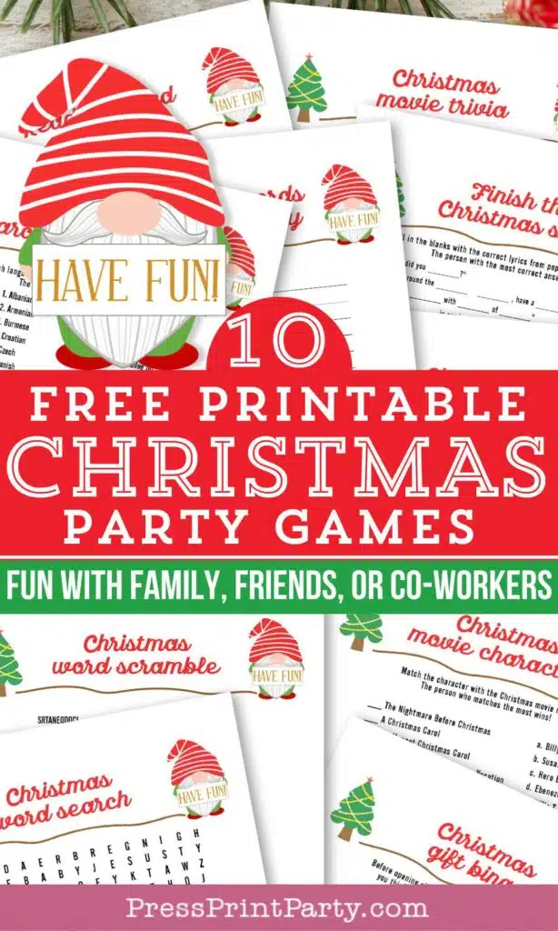 Christmas party games - free christmas games printable for adults, families, friends, co-worker for office. Press Print Party! word search, emoji pictionary, christmas trivia, songs.