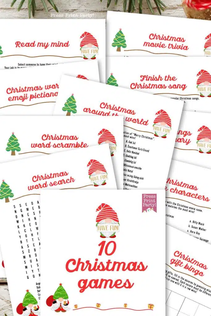 Christmas party games - free christmas games printable for adults, families, friends, co-worker for office. Press Print Party! word search, emoji pictionary, christmas trivia, songs.