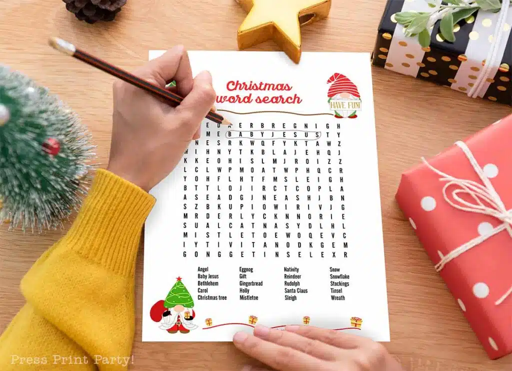 Christmas party games - free christmas games printable for adults, families, friends, co-worker for office. Press Print Party! word search, emoji pictionary, christmas trivia, songs.