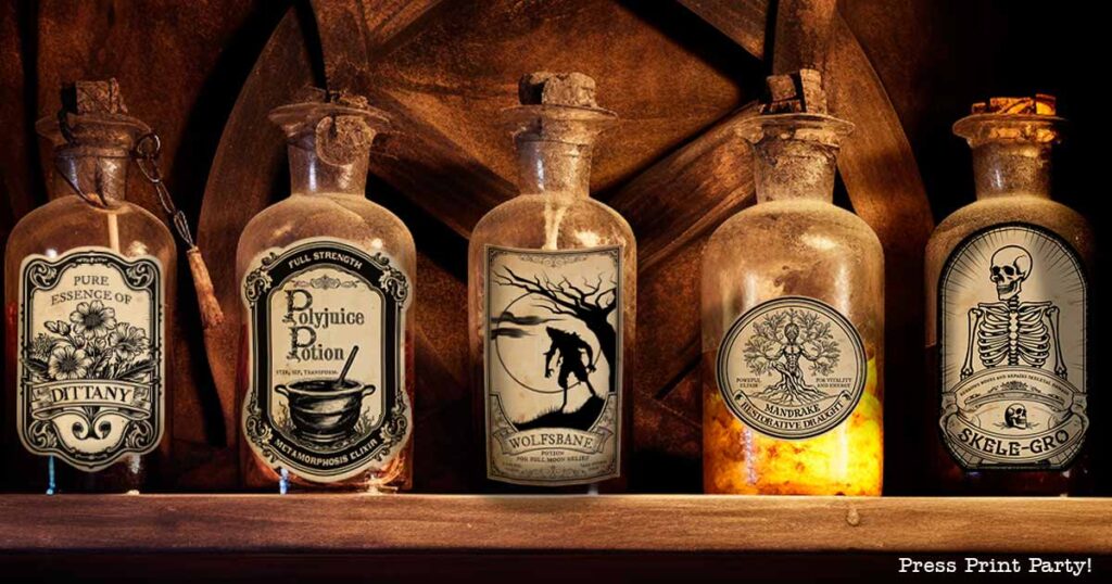 Harry Potter Label printables Harry potter potions labels, for Harry Potter Party Decor or Halloween Decor. Vintage apothecary labels, wizard party.  Press Print Party!