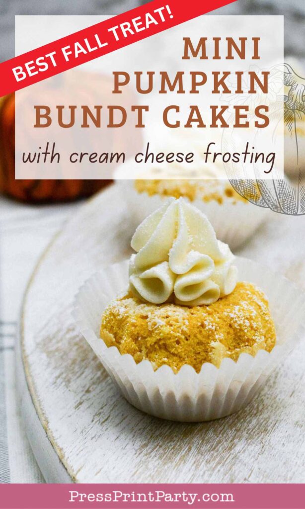 Best mini pumpkin bundt cake with cream cheese frosting recipe with powered sugar, delicious perfect fall dessert - perfect fall treat - Press Print Party!