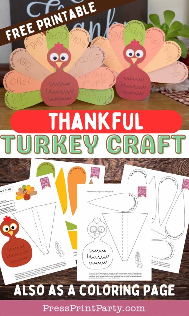 Free thankful turkey printable craft template for kids - free printable thankful turkey craft - Press Print Party!