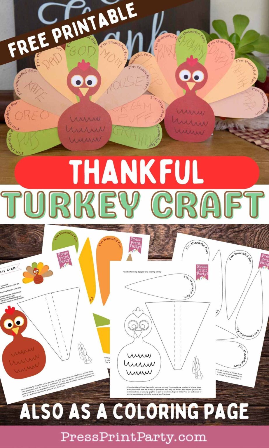 🦃 Free Cute Thankful Turkey Printable Craft Template for Kids Press