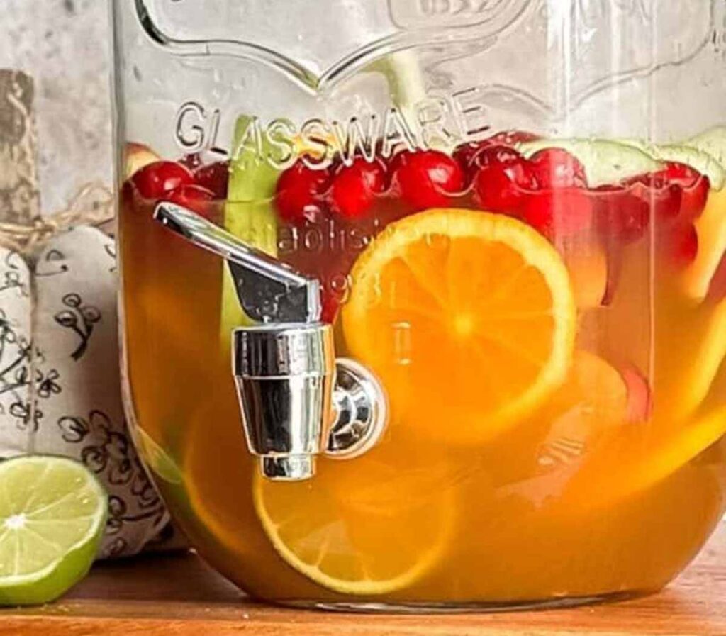 apple cider sangria big batch- Tasty Thanksgiving punch recipe non-alcoholic and alcoholic to feed a crowd. Press Print Party