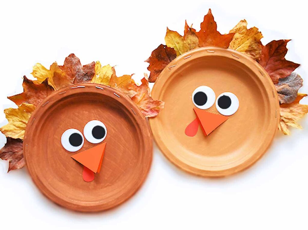 paper plate leaf turkey craft - 45 Turkey crafts ideas for kids - Press Print Party!