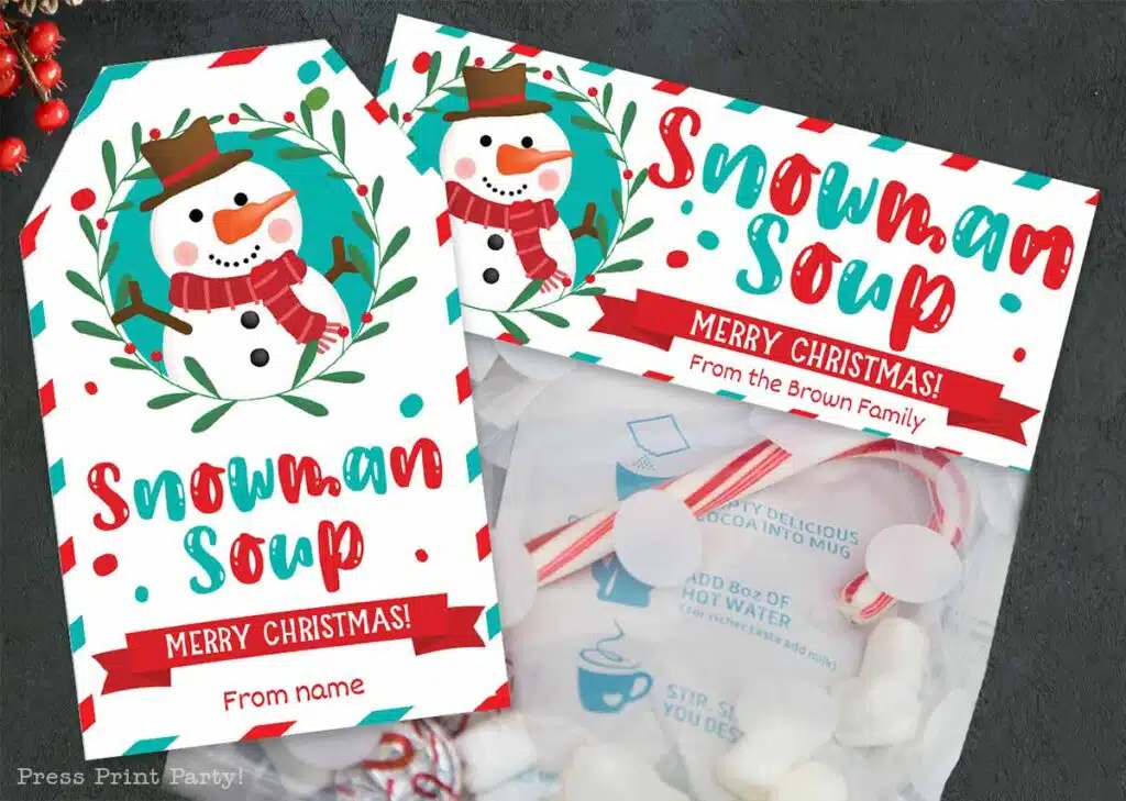 snowman soup recipe and printables treat bag topper and tags cute - Press Print Party!