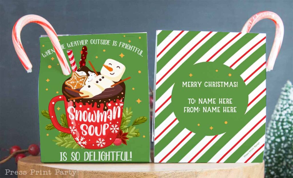 snowman soup recipe and printables - enjoy snowman soup wrap with candy cane coming out of the packaging. names on back - Press Print Party!