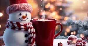 cute snowman with red cup of hot cocoa representing snowman soup