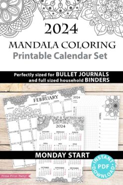 Mandala design 2024 printable monday start calendar bundle with monthly calendars, daily task tracker, monthly goals, and one page yearly calendar - Press Print Party!