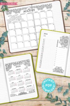 watercolor design 2024 printable calendar bundle with monthly calendars, daily task tracker, monthly goals, and one page yearly calendar - Press Print Party!