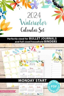 watercolor design 2024 printable monday start calendar bundle with monthly calendars, daily task tracker, monthly goals, and one page yearly calendar - Press Print Party!