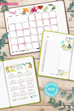 watercolor design 2024 printable monday start calendar bundle with monthly calendars, daily task tracker, monthly goals, and one page yearly calendar - Press Print Party!