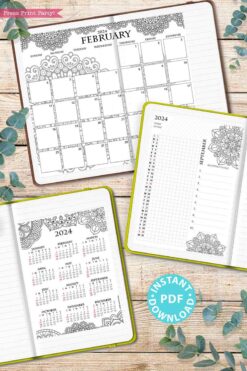 mandala design 2024 printable monday start calendar bundle with monthly calendars, daily task tracker, monthly goals, and one page yearly calendar - Press Print Party!