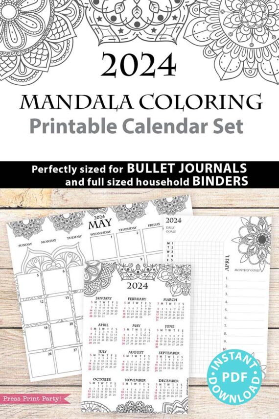 Mandala design 2024 printable calendar bundle with monthly calendars, daily task tracker, monthly goals, and one page yearly calendar - Press Print Party!
