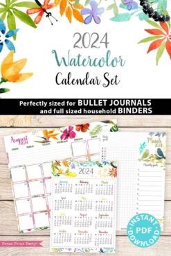 watercolor design 2024 printable calendar bundle with monthly calendars, daily task tracker, monthly goals, and one page yearly calendar - Press Print Party!