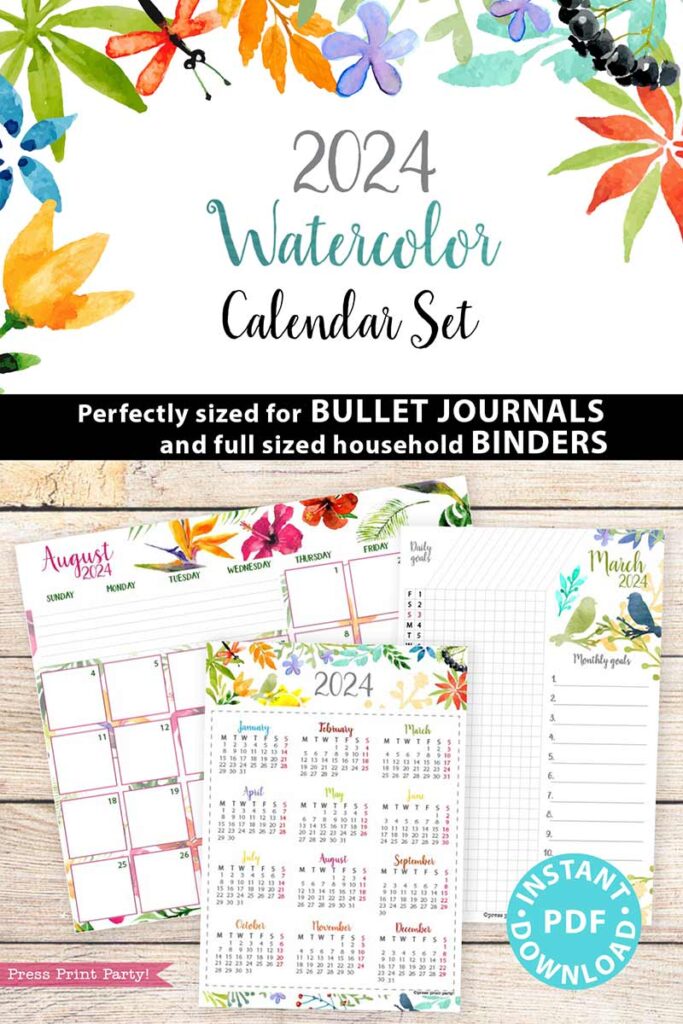 2024 Calendar Bundle for Bullet Journals or Binders, Watercolor ...