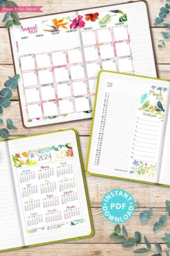 watercolor design 2024 printable calendar bundle with monthly calendars, daily task tracker, monthly goals, and one page yearly calendar - Press Print Party!