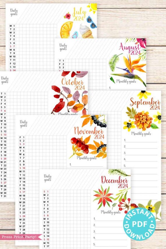 bullet journal 2024 calendar monthly tracker with watercolor design for bullet journals - Press Print Party!