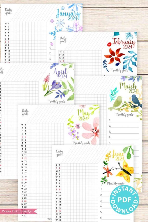 bullet journal 2024 calendar monthly tracker with watercolor design for bullet journals - Press Print Party!