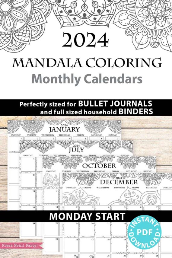 Monday start 2024 calendars for bullet journal with mandala design for coloring - Press Print Party!