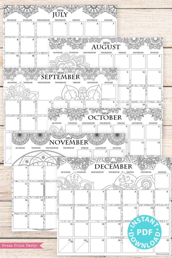 Monday start 2024 calendars for bullet journal with mandala design for coloring - Press Print Party!
