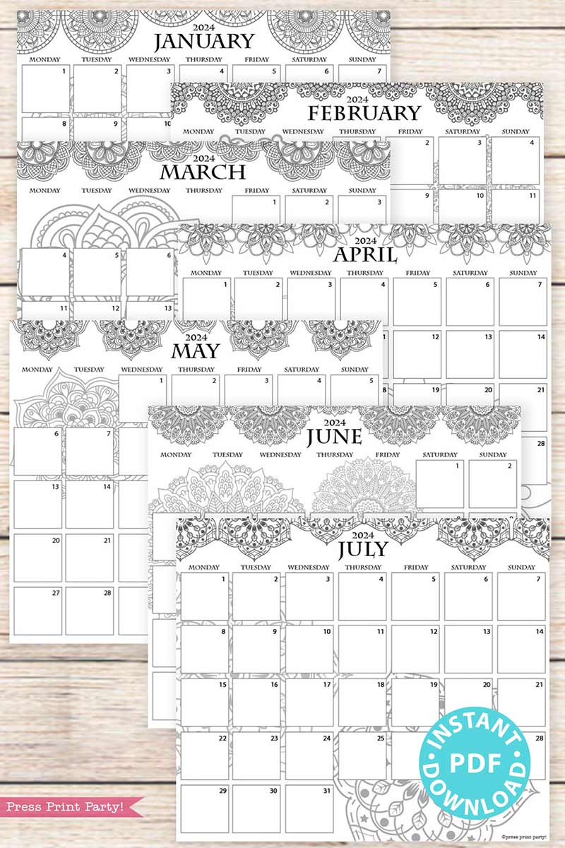 Monday Start 2024 Monthly Calendars Bullet Journals or Binders, Mandala