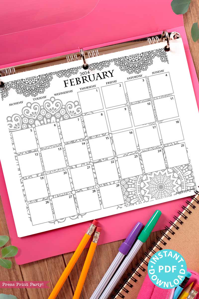 Monday Start 2024 Monthly Calendars Bullet Journals or Binders, Mandala  [Printable]