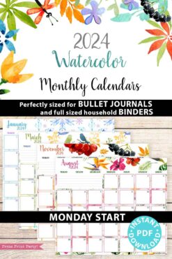 Monday start 2024 calendars watercolor designs perfectly sized for bullet journal and full sized binders. Press Print Party!