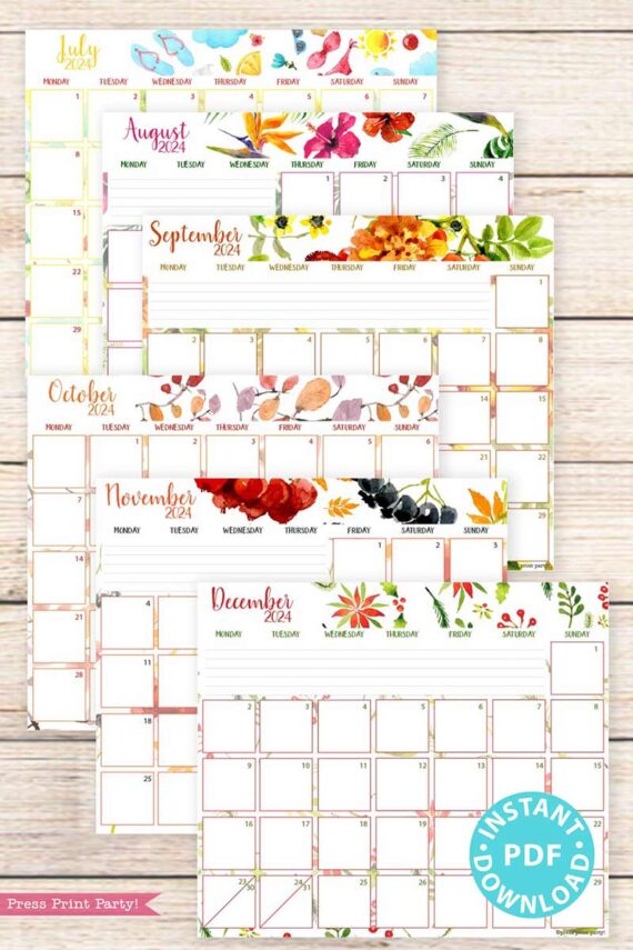 Monday start 2024 calendars watercolor designs perfectly sized for bullet journal and full sized binders. Press Print Party!