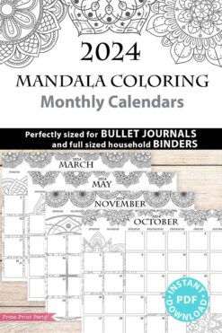 2024 calendars for bullet journal with mandala design for coloring - Press Print Party!
