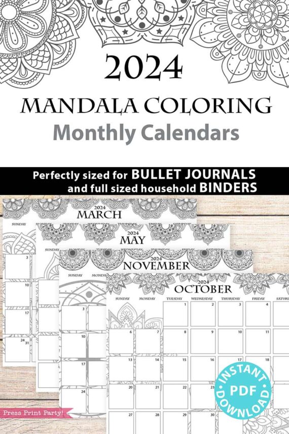 2024 calendars for bullet journal with mandala design for coloring - Press Print Party!