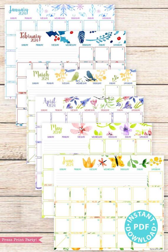 2024 calendars watercolor designs perfectly sized for bullet journal and full sized binders. Press Print Party!