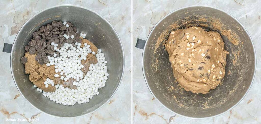 In process photo of dough - Hot cocoa cookies recipe with cocoa mix powder from package and chocolate chips and mini marshmallows - Press Print Party!