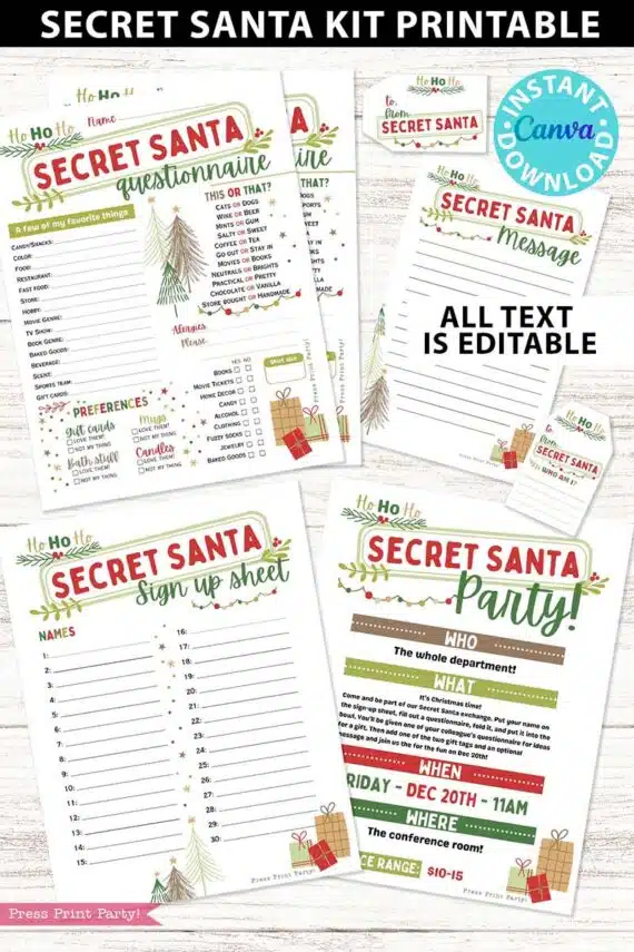 Secret Santa Questionnaire Printable Template Kit for Coworkers Secret Santa Gift Exchange Secret Santa Tags Secret Santa Invitation Flyer Secret Santa Tag, secret santa party invitation - Press Print Party