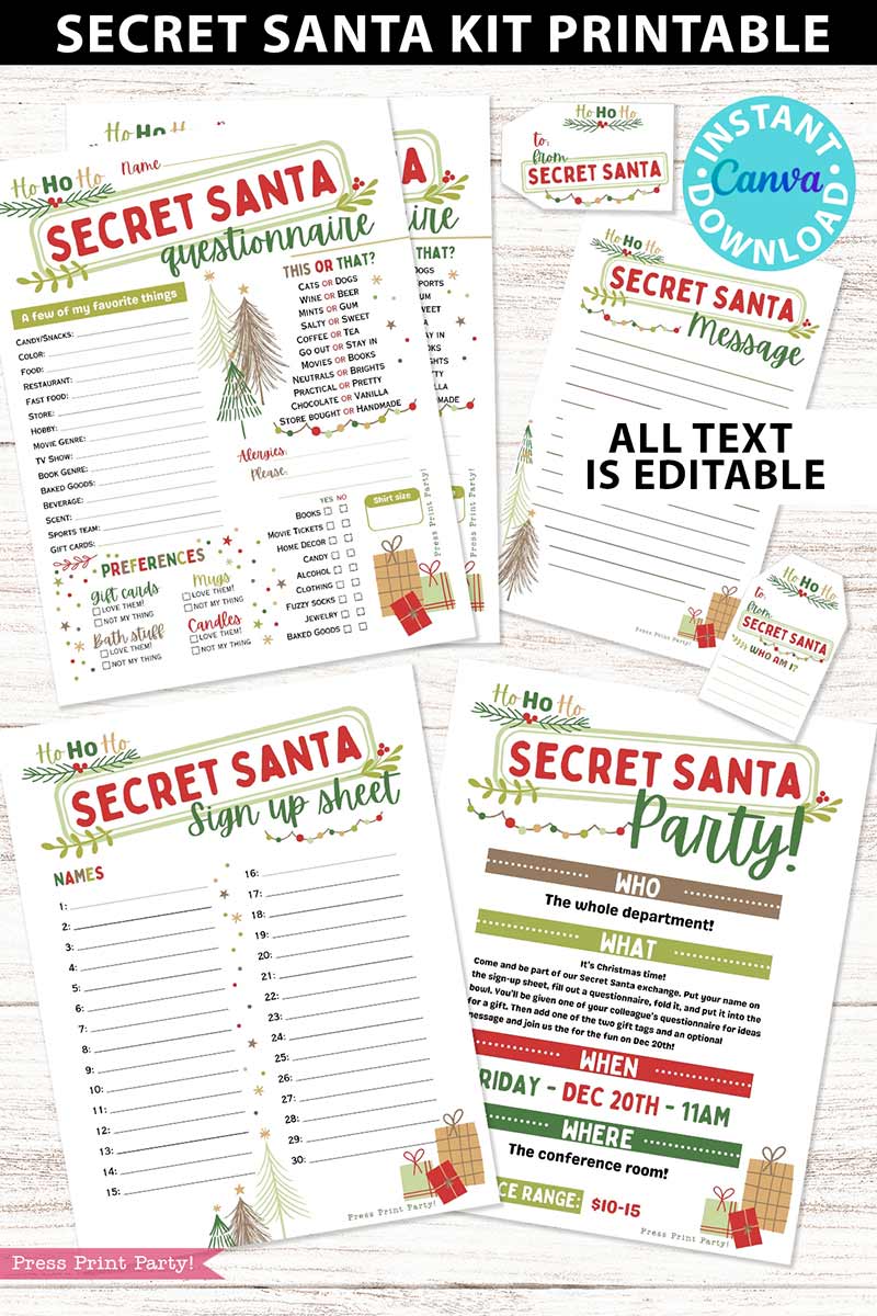 Secret Santa Questionnaire Printable Kit for Adults &amp; Youth