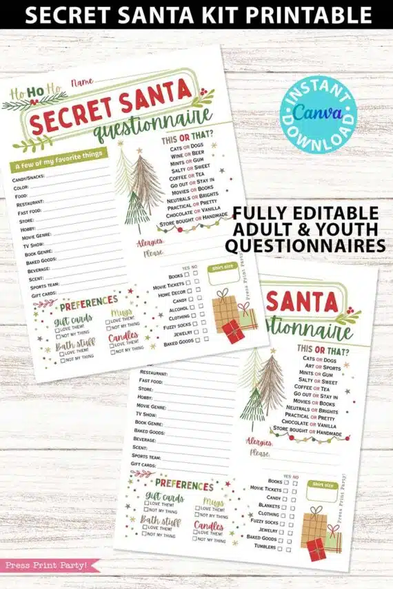 Secret Santa Questionnaire Printable Template Kit for Coworkers Secret Santa Gift Exchange Secret Santa Tags Secret Santa Invitation Flyer Secret Santa Tag, secret santa party invitation - Press Print Party