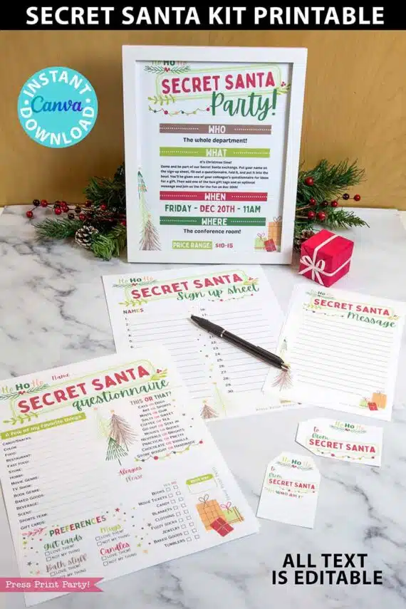 Secret Santa Questionnaire Printable Template Kit for Coworkers Secret Santa Gift Exchange Secret Santa Tags Secret Santa Invitation Flyer Secret Santa Tag, secret santa party invitation - Press Print Party