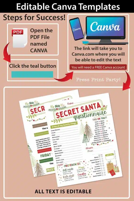 Secret Santa Questionnaire Printable Template Kit for Coworkers Secret Santa Gift Exchange Secret Santa Tags Secret Santa Invitation Flyer - Press Print Party