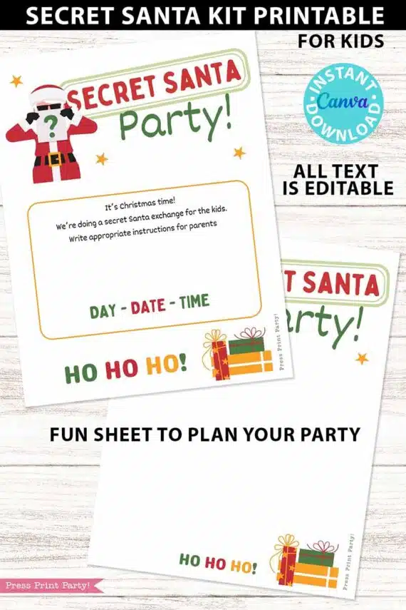 Secret Santa Kids Questionnaire Printable Secret Santa Gift Exchange Kit for School Secret Santa Flyer Invitation Template Santa Gift Tags - Press Print Party