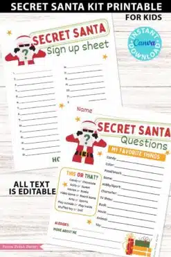 Secret Santa Kids Questionnaire Printable Secret Santa Gift Exchange Kit for School Secret Santa Flyer Invitation Template Santa Gift Tags - Press Print Party