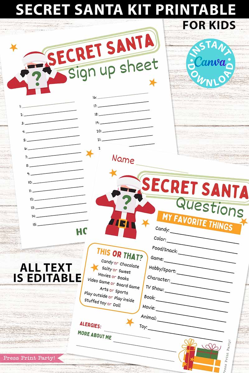 Secret Santa Kids Questionnaire Printable Kit