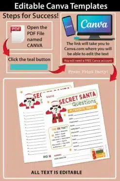 Secret Santa Kids Questionnaire Printable Secret Santa Gift Exchange Kit for School Secret Santa Flyer Invitation Template Santa Gift Tags - Press Print Party