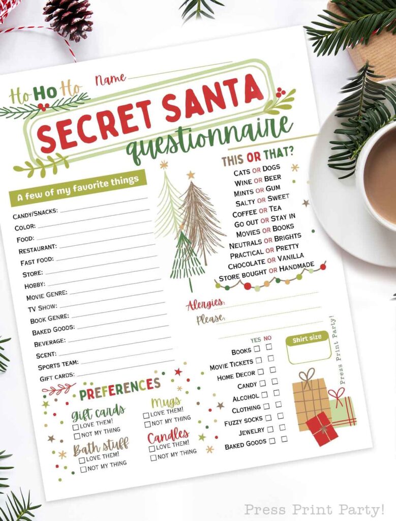 Free Printable Secret Santa Questionnaire for Adult Gift Exchanges - Press Print Party!