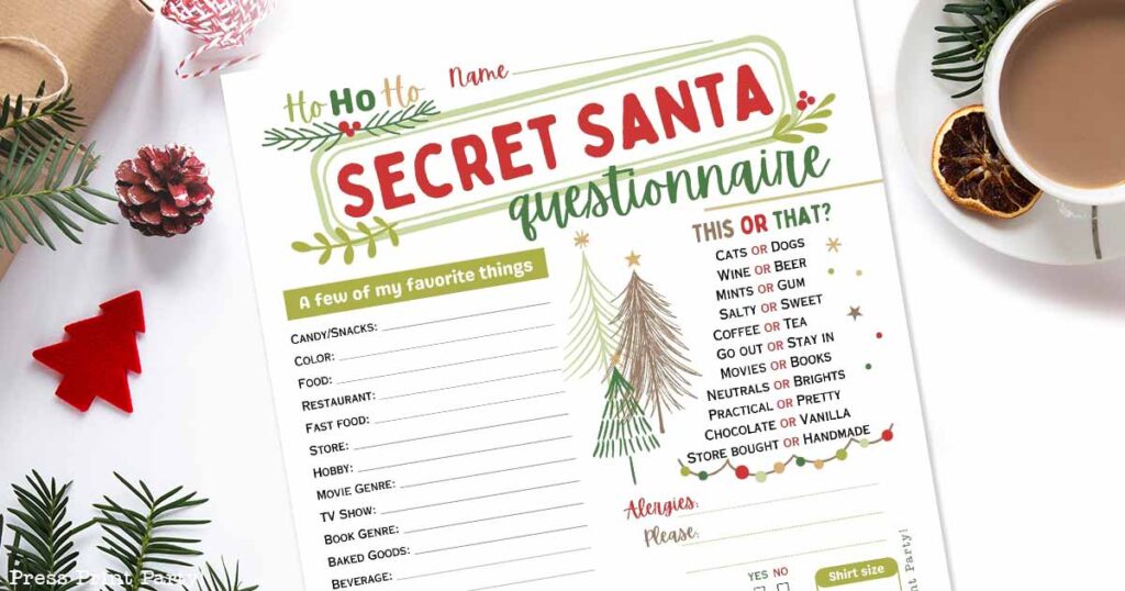 Free Printable Secret Santa Questionnaire for Adult Gift Exchanges - Press Print Party!