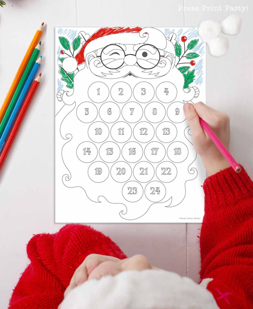 free printable santa beard countdown template with coloring page for cotton balls Santa beard - Press Print Party