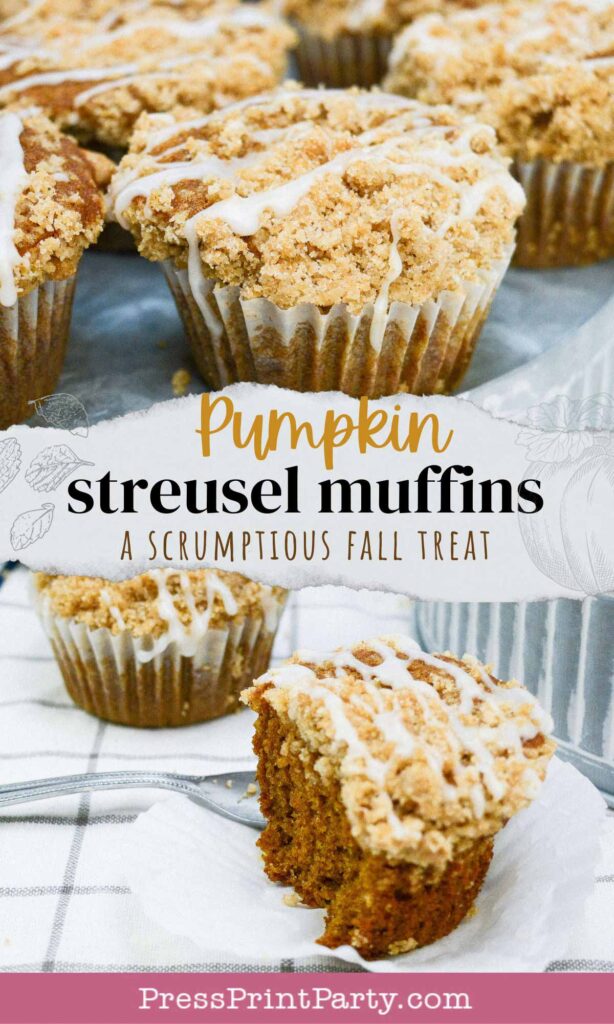 pumpkin streusel muffins recipe with vanilla glaze. A great fall treat for thanksgiving dessert - Press Print Party!