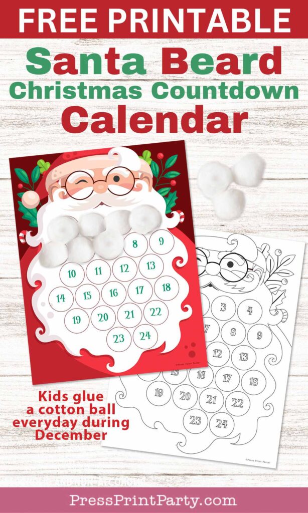 free printable santa beard countdown template with coloring page for cotton balls Santa beard - Press Print Party