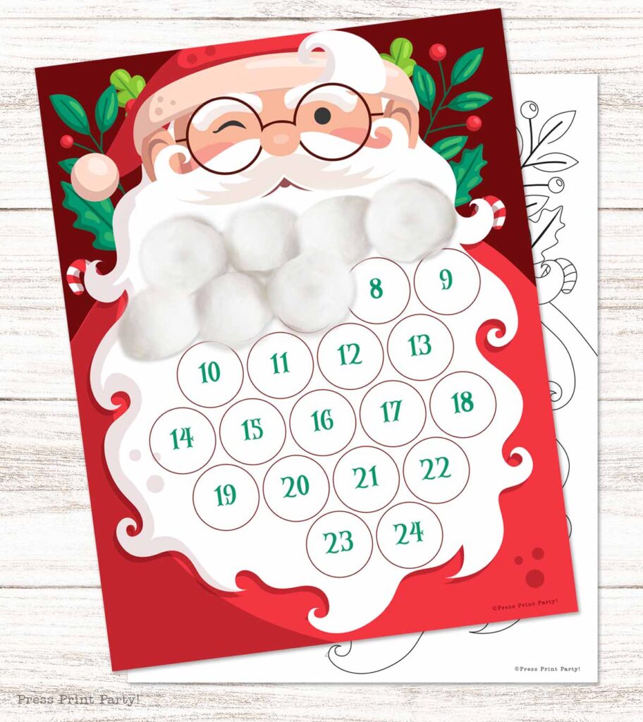 free printable santa beard countdown template with coloring page for cotton balls Santa beard - Press Print Party