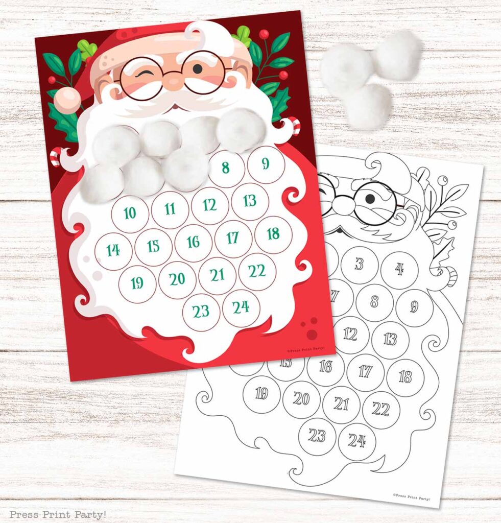 Christmas Santa Beard Cotton Ball Christmas countdown calendar for kids - Press Print Party